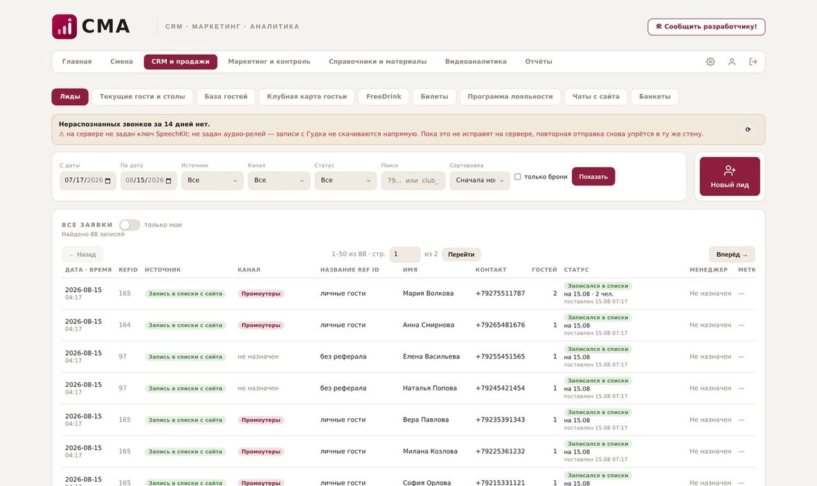 CRM для бара и ночного клуба: список заявок с источниками и статусами